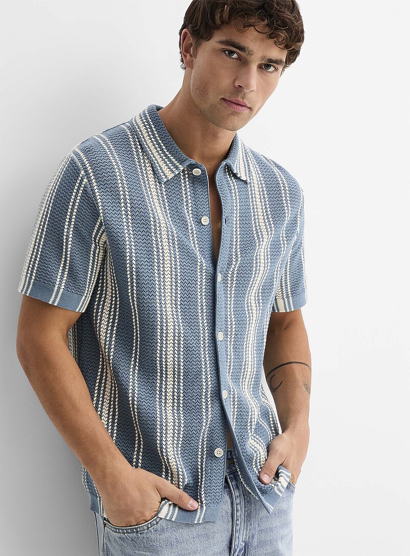 Le 31 Patterned beige Striped pointelle knit shirt for men
