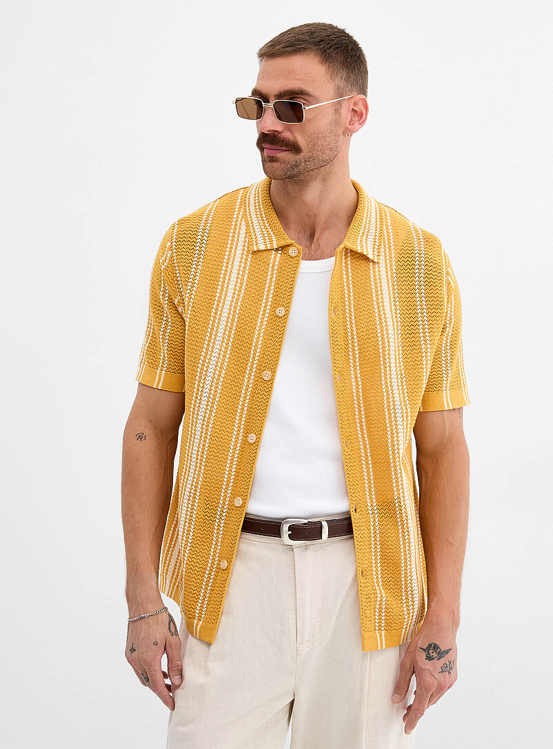 Le 31 Patterned beige Striped pointelle knit shirt for men
