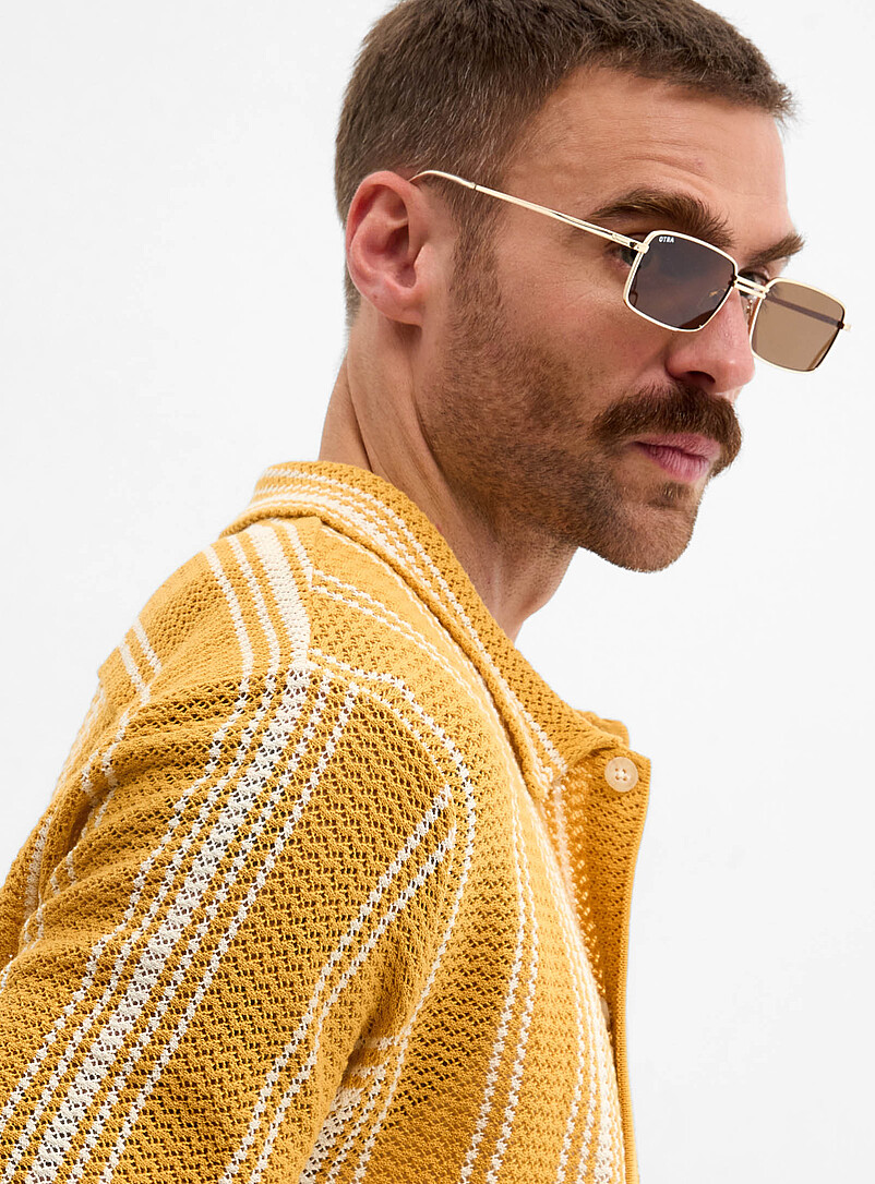Le 31 Patterned beige Striped pointelle knit shirt for men