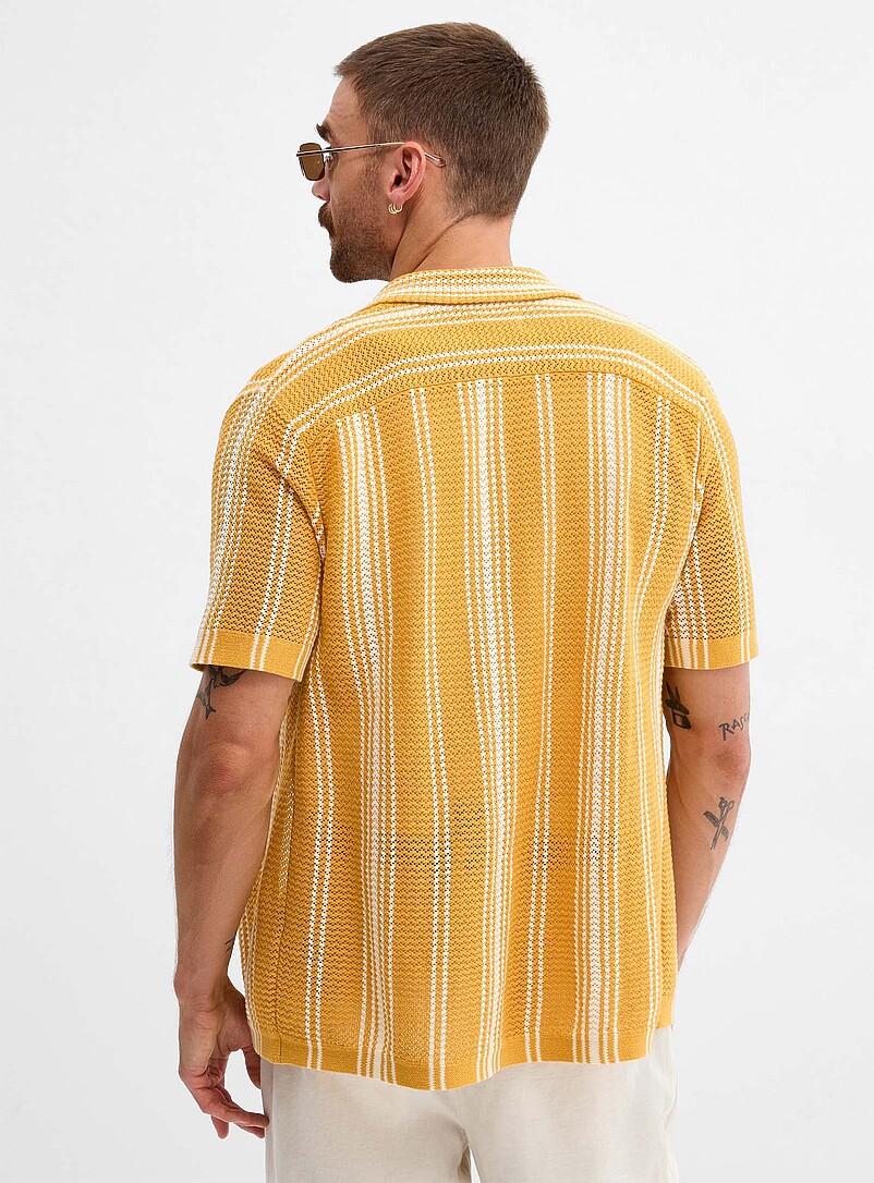 Le 31 Patterned beige Striped pointelle knit shirt for men