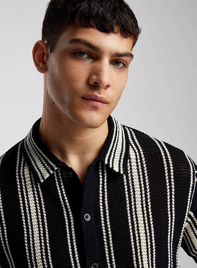 Le 31 Patterned beige Striped pointelle knit shirt for men