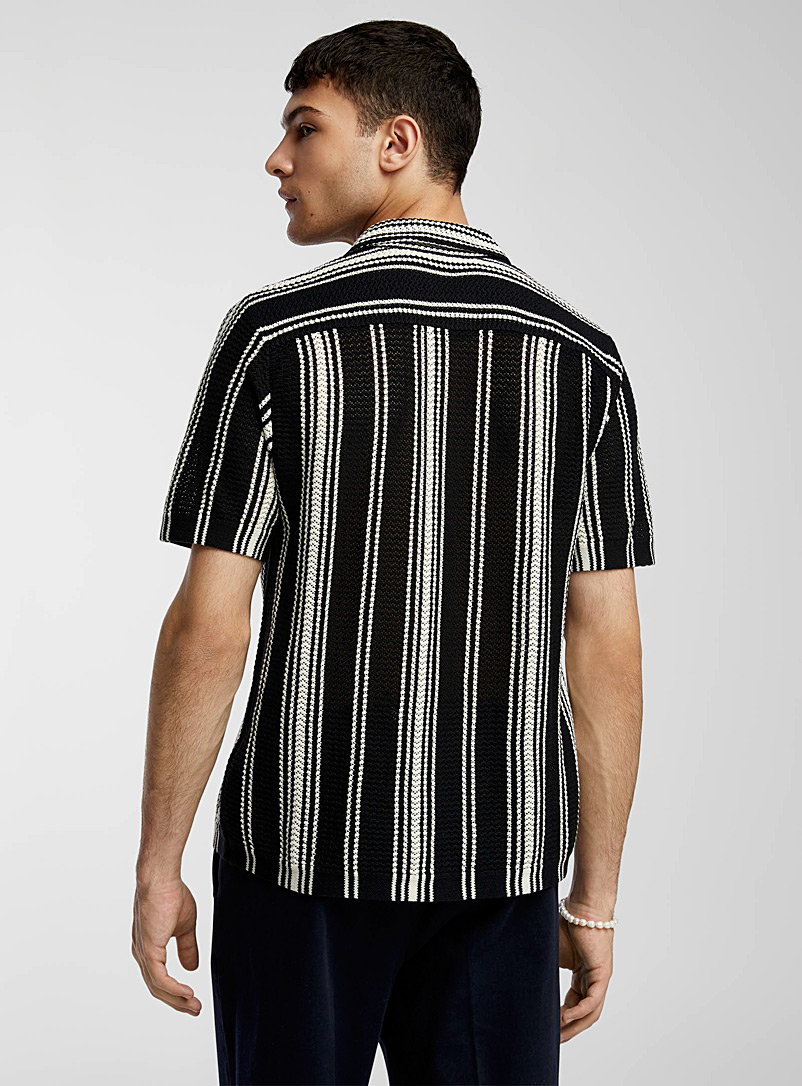 Le 31 Patterned beige Striped pointelle knit shirt for men