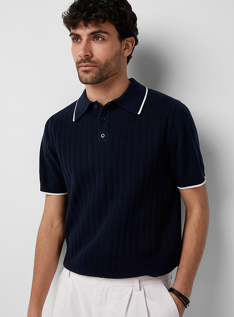 Le 31 Navy/Midnight Blue Wide-rib knit polo for men