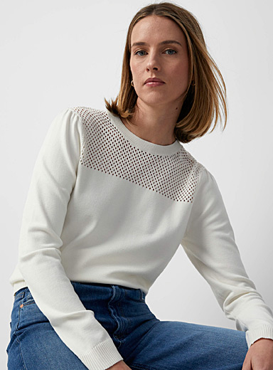 Contemporaine Ivory White Openwork yoke sweater for women