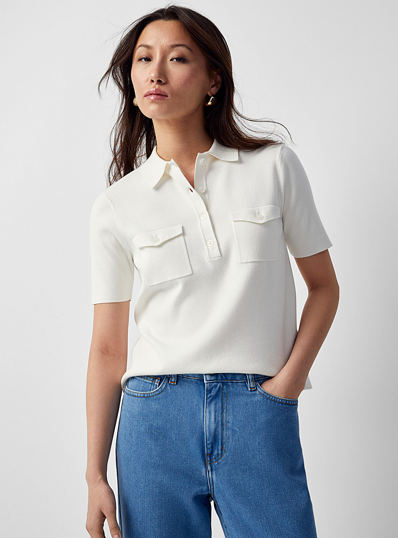 Contemporaine Ivory White Pocket fine-knit polo shirt for women