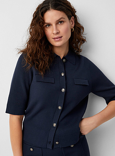 Contemporaine Marine Blue Crest buttons polo cardigan for women