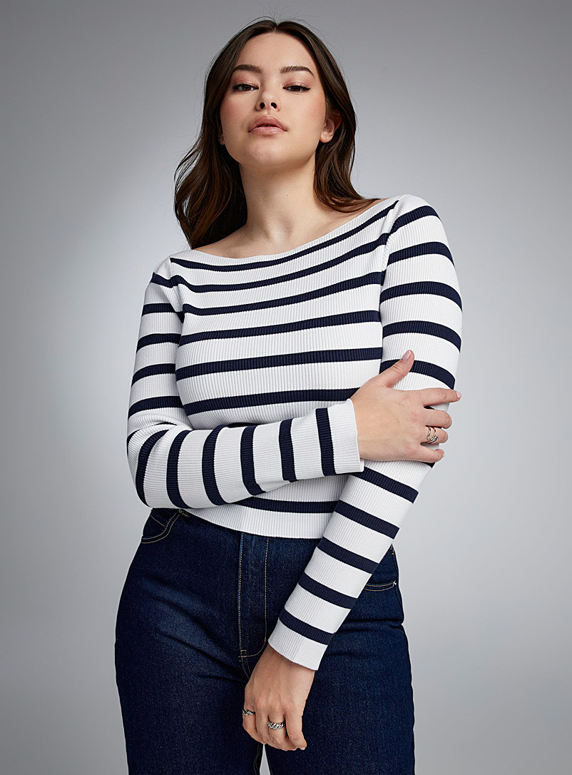 Twik Patterned White Striped boat-neck sweater for women