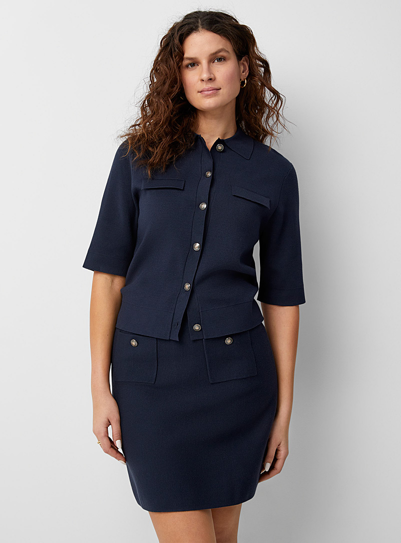 Contemporaine Navy/Midnight Blue Crest buttons knit skirt for women