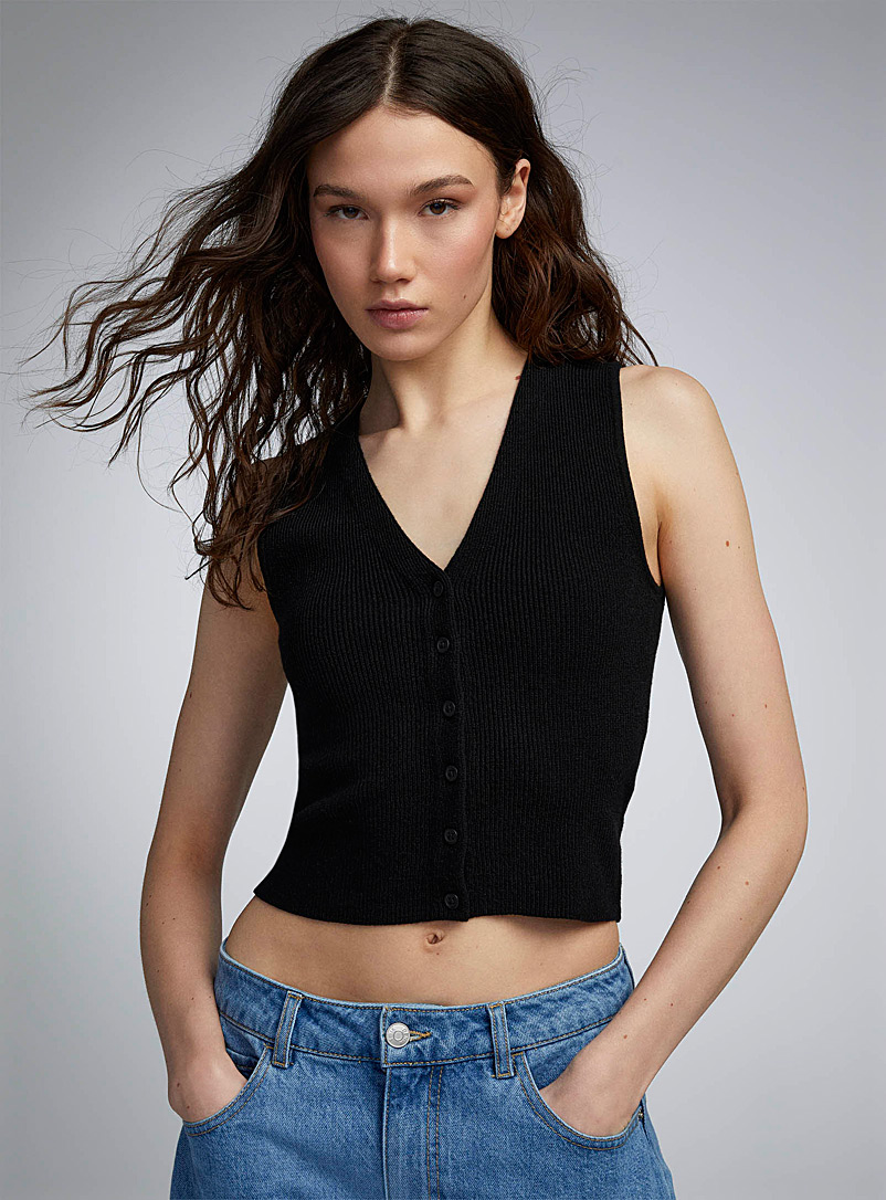 Twik Black Buttoned mini-ribbing fitted vest for women
