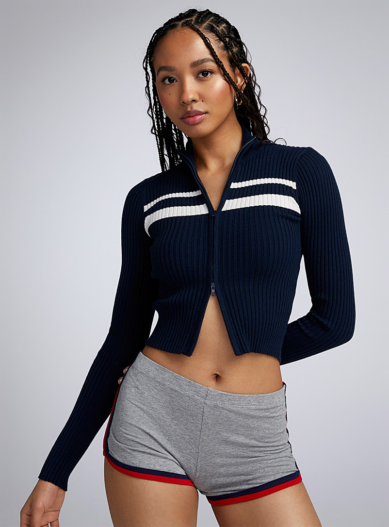 Twik Patterned Blue Rib-knit zippered mock-neck sweater for women