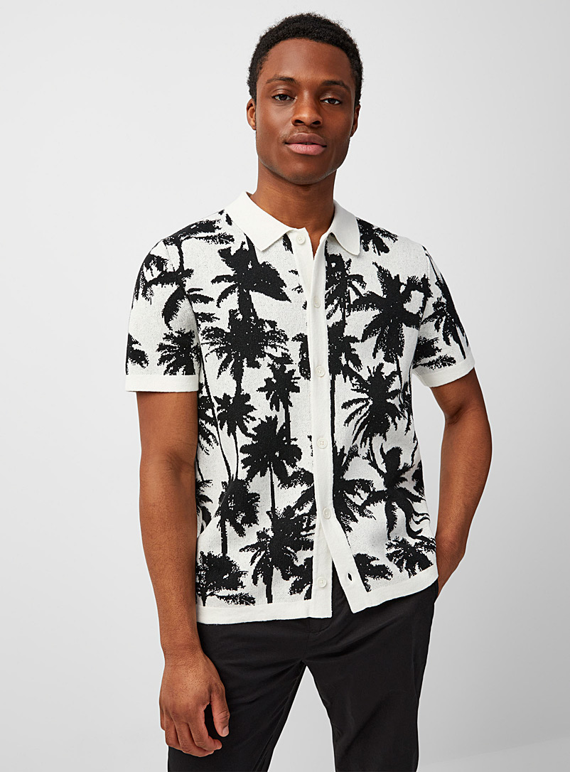 Le 31 Patterned Ecru Palm tree jacquard shirt for men