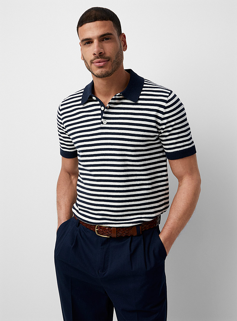 Le 31 Patterned Blue Linen sailor-stripe polo for men