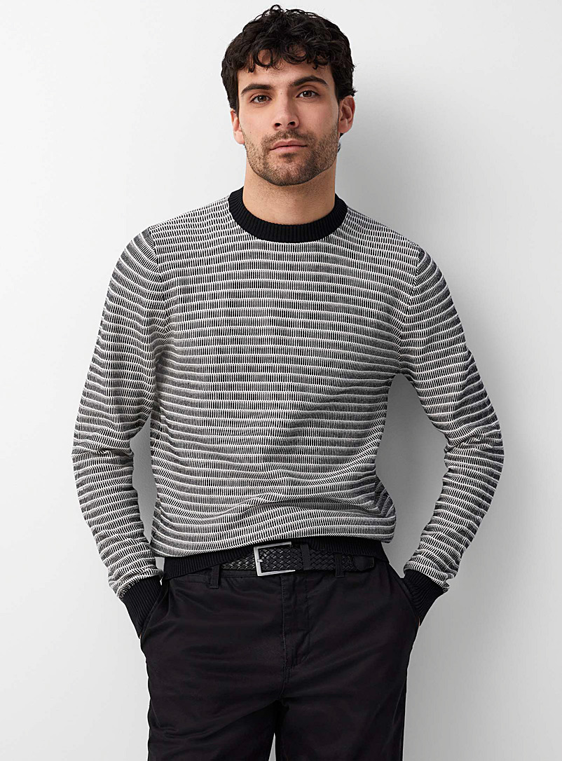 Le 31 Patterned Black Hatched stripe jacquard sweater for men