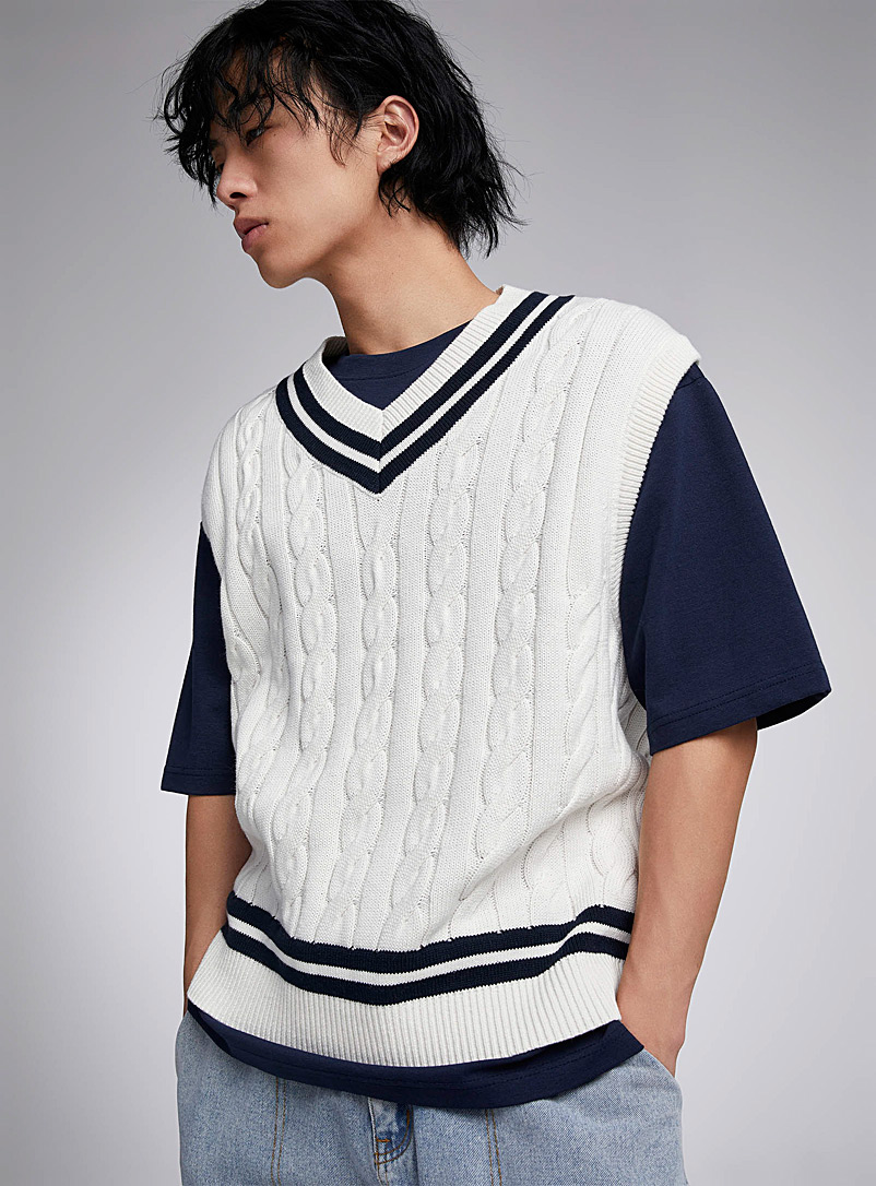 Djab White Striped trim cable sweater vest for men