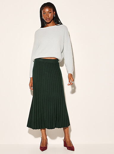 Ic&ocirc;ne Dark Green Pleated thick-knit midi skirt for women