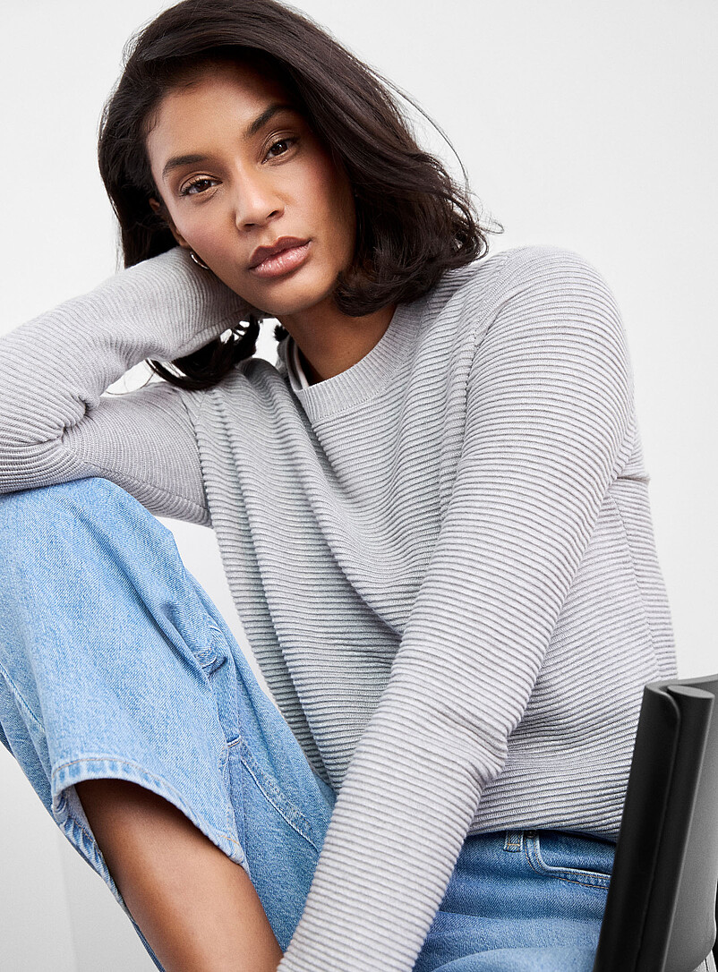 Contemporaine: Le chandail col rond fin tricot ottoman Noir pour femme