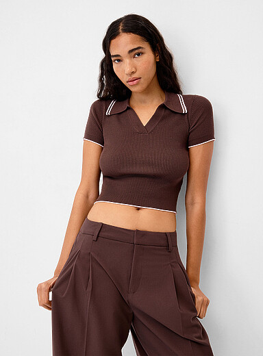 Twik Brown Colourful stripes Johnny-collar sweater for women