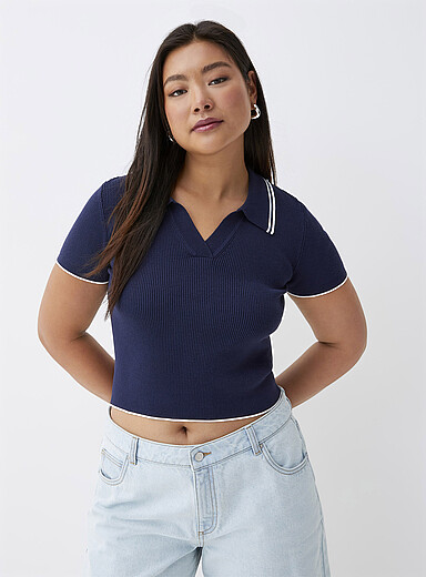 Twik: Le chandail col Johnny rayures color&eacute;es Bleu fonc&eacute; - Indigo pour femme