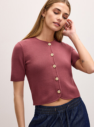 Ic&ocirc;ne: Le cardigan court manches courtes boutons dor&eacute;s Rose pour femme