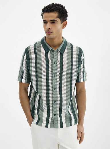 Le cardigan col polo tricot pointelle ray&eacute;
