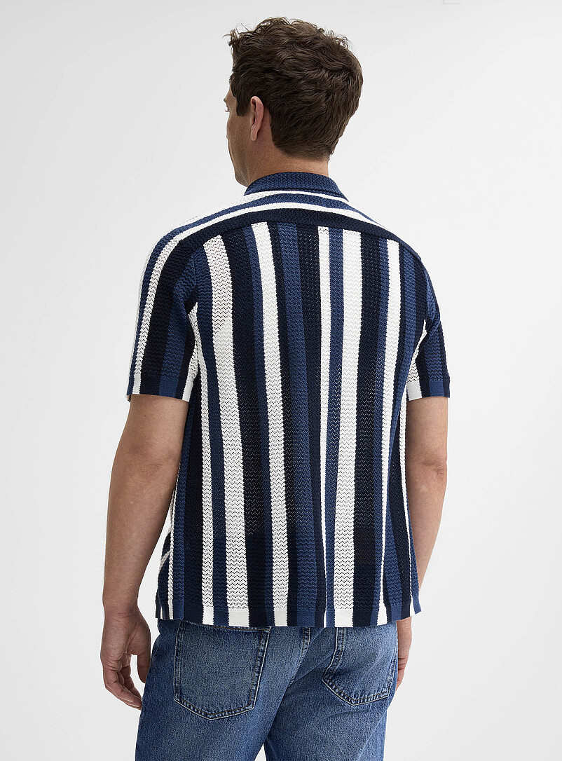 Le 31 Blue Striped pointelle-knit polo-collar cardigan for men