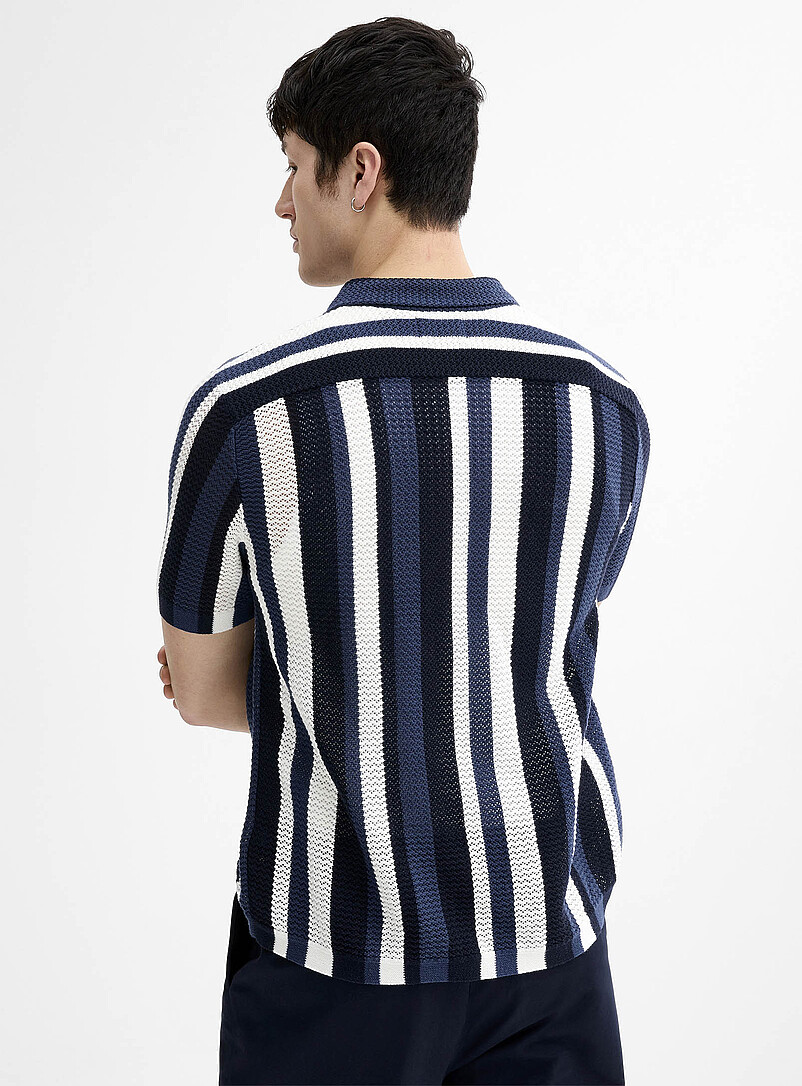 Le 31 Blue Striped pointelle-knit polo-collar cardigan for men