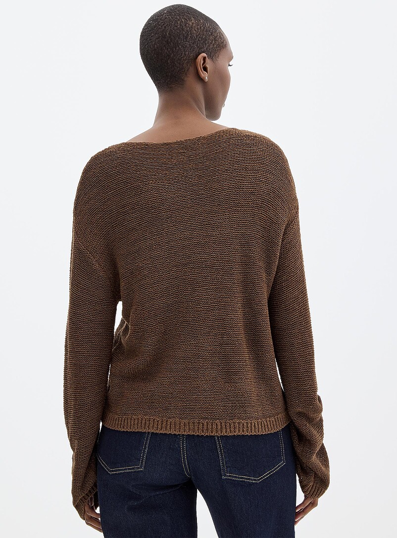 Contemporaine Ivory/Cream Beige Textured knit boat-neck sweater for women