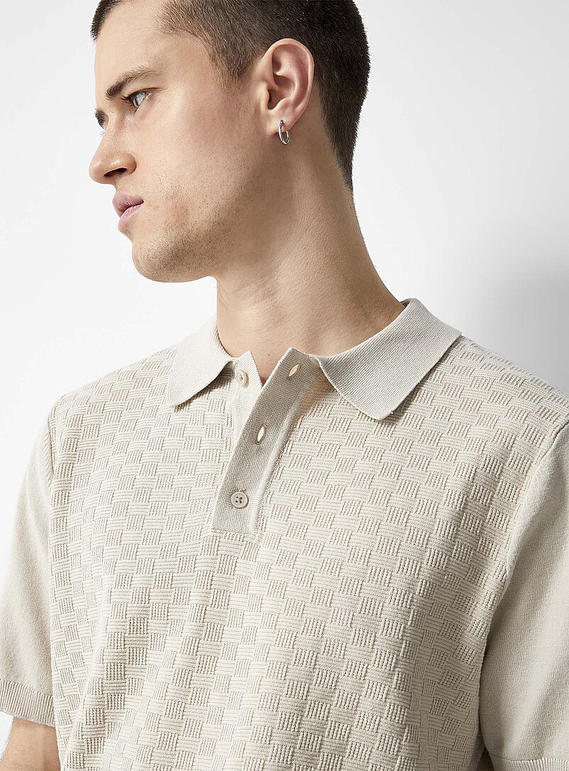 Le 31 Off White Basket-weave-knit textured polo for men