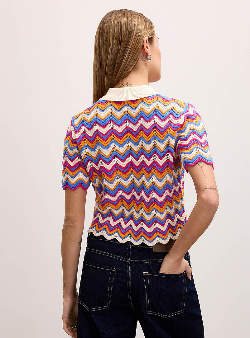 Ic&ocirc;ne Assorted Waves and openwork polo collar cropped cardigan for women