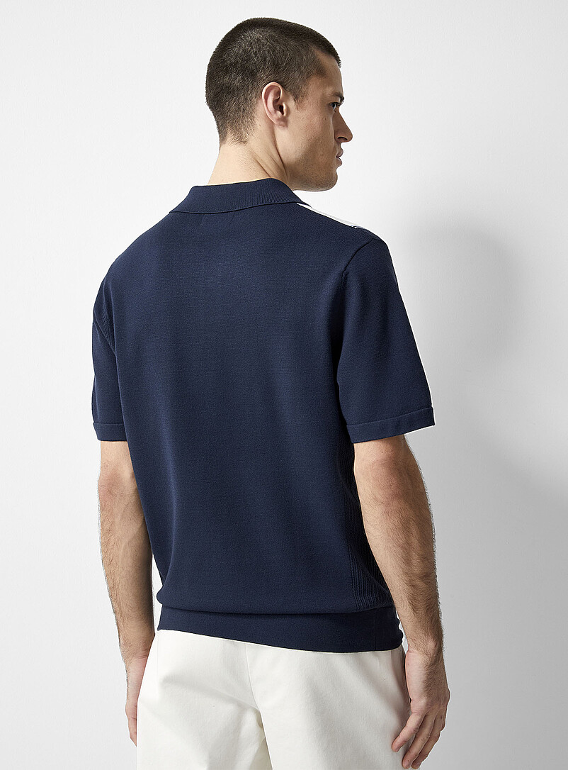 Le 31 Patterned Blue Retro block knit polo for men