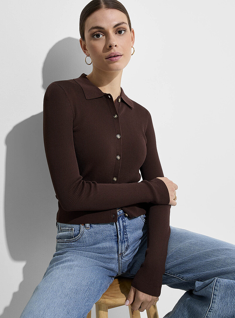 Rib knit Polo Collar Fitted Cropped Cardigan Ic ne Shop Women s rib-knit-polo-collar-fitted-cropped-cardigan-ic-ne-shop-women-s