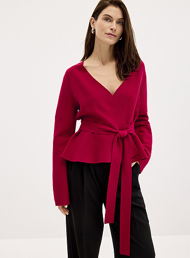 Contemporaine: Le cardigan fermeture crois&eacute;e ceintur&eacute;e Bourgogne pour femme