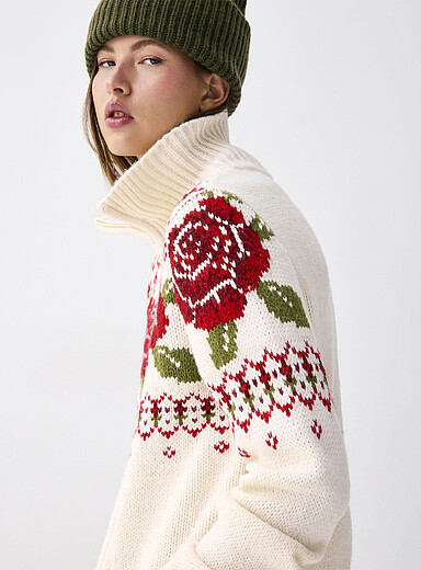 Twik Patterned White Patterned zip-up mock-neck cardigan for women