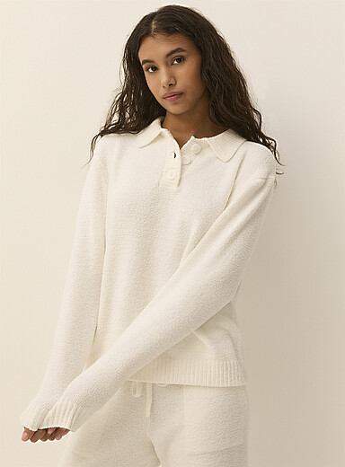 Miiyu x Twik: Le chandail col polo douce bouclette <b>Collection de No&euml;l</b> Ivoire - Beige cr&egrave;me pour femme