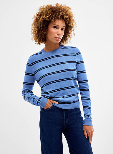 Contemporaine: Le chandail &agrave; rayures fin tricot Bleu &agrave; motifs pour femme
