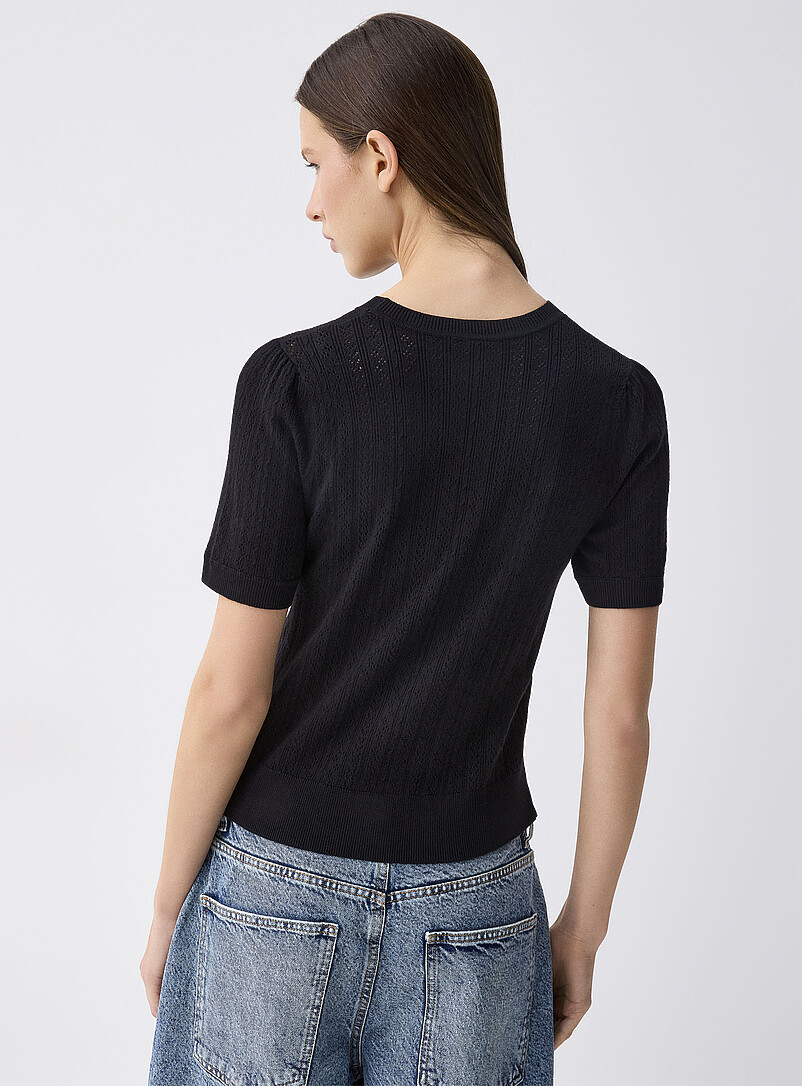Twik Slate Blue Puff sleeve pointelle knit sweater for women