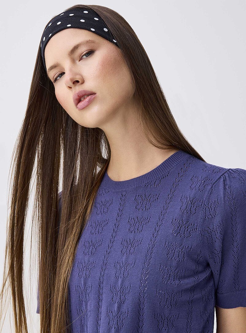 Twik Slate Blue Puff sleeve pointelle knit sweater for women