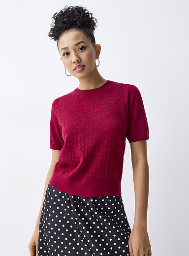 Twik Raspberry/Cherry Red Puff sleeve pointelle knit sweater for women