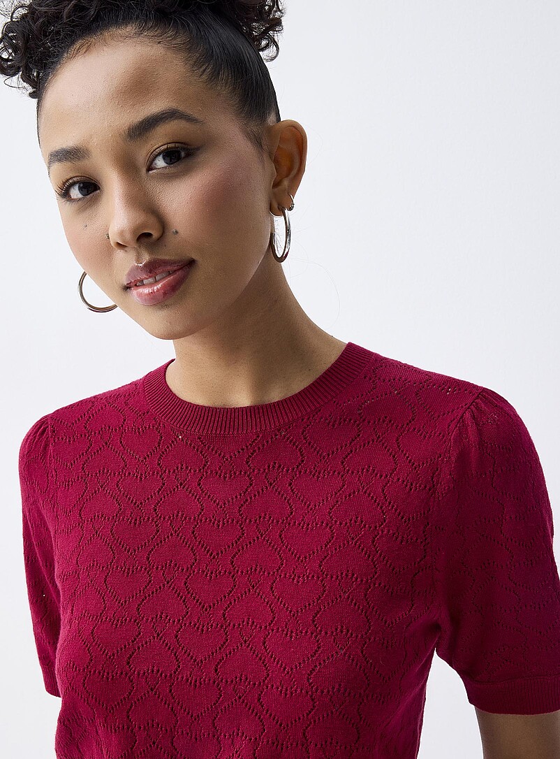 Twik Slate Blue Puff sleeve pointelle knit sweater for women