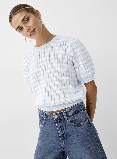 Ic&ocirc;ne: Le chandail tricot popcorn rayures Bleu p&acirc;le - Bleu ciel pour femme