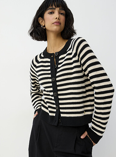 Ic&ocirc;ne Patterned White Broad stripes cropped shaker-rib cardigan for women
