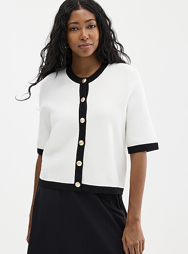 Contemporaine Patterned Ecru Crest buttons contrasting trim boxy-fit cardigan for women