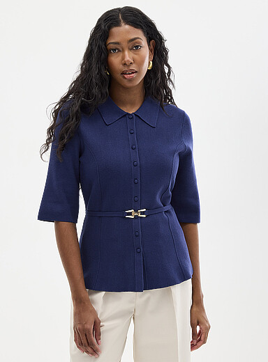 Contemporaine: Le cardigan ajust&eacute; ceintur&eacute; col chemise Bleu marine - Bleu nuit pour femme