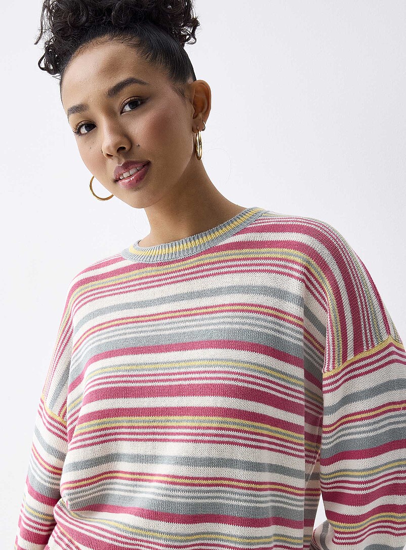 Twik Patterned pink Mixed stripes cotton sweater for women