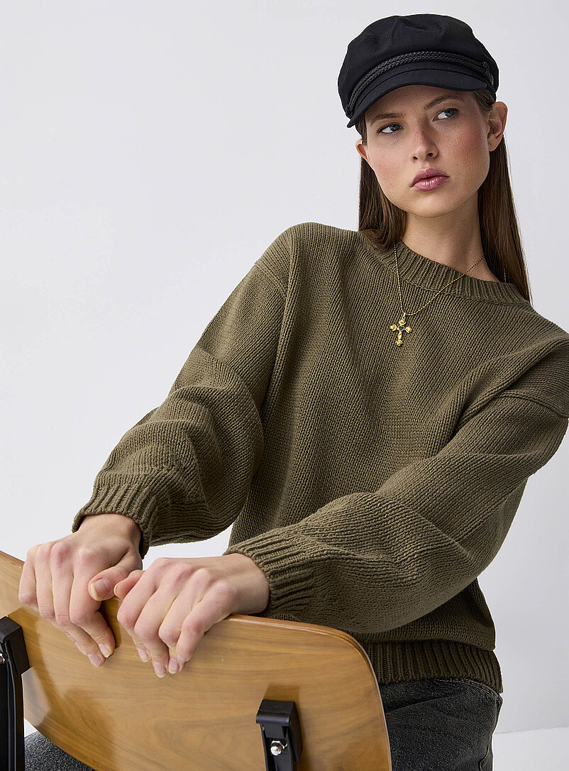 Twik Ivory/Cream Beige Puff-sleeve thick knit sweater for women