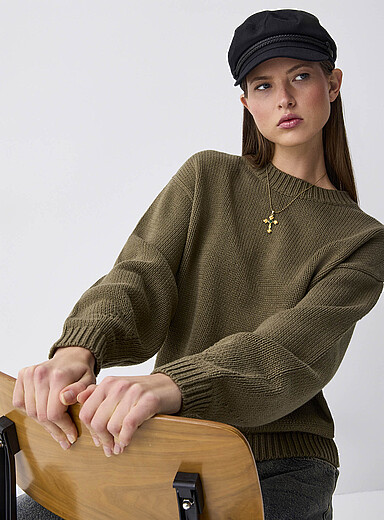 Twik: Le chandail tricot &eacute;pais manches bouffantes Ivoire - Beige cr&egrave;me pour femme