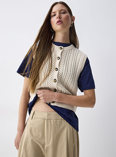 Twik Ivory/Cream Beige Buttoned cable-knit sweater vest for women
