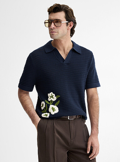 Floral embroidery Johnny collar polo