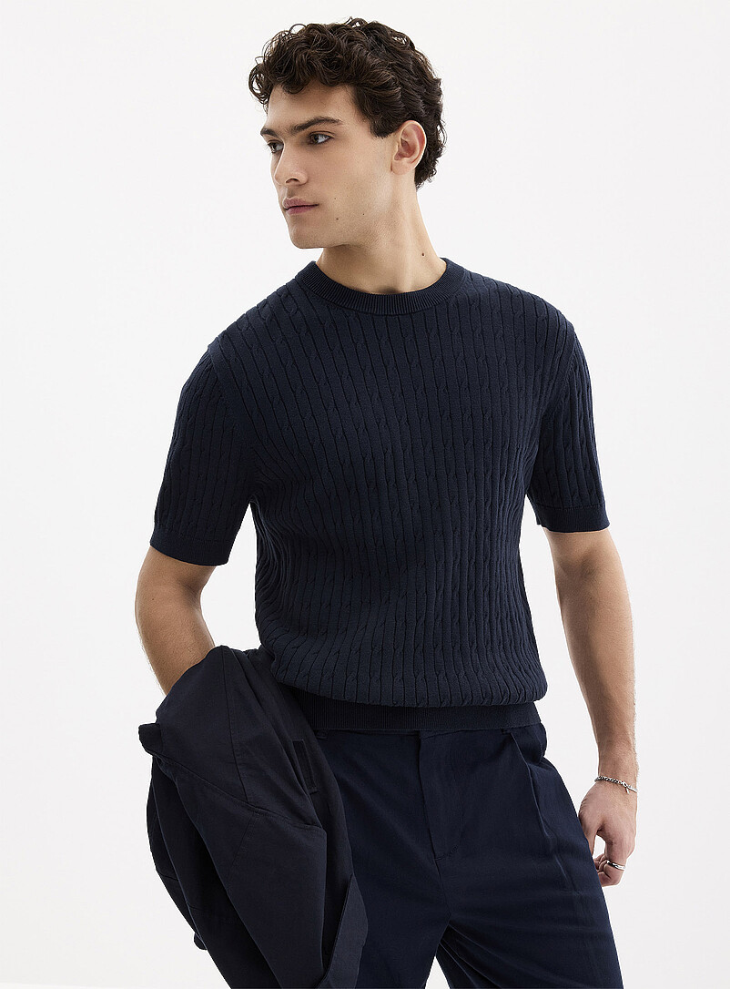 Le 31: Le chandail manches courtes c&acirc;bles torsad&eacute;s Bleu marine - Bleu nuit pour homme