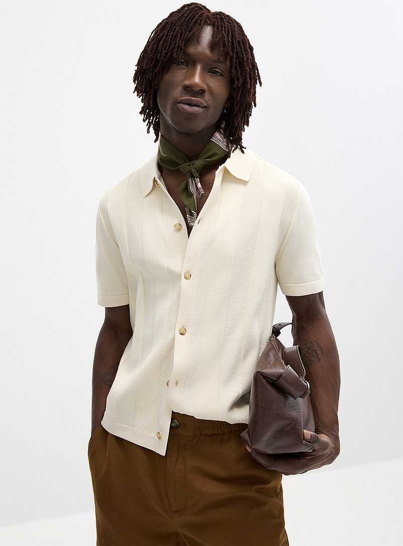Le 31 Ecru/Linen Flat-ribbed polo-collar cardigan for men